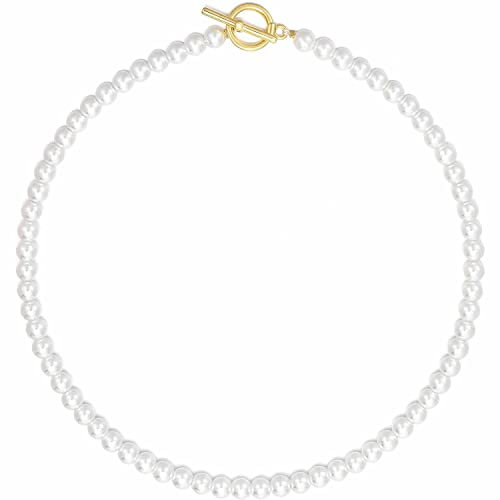 LIHELEI Perlenkette Damen, 6mm Pearl Necklace, Silber Imitation Perle Halskette, Pearl Orb Choker, Hochzeit Braut Schmuck Accessoires-45CM