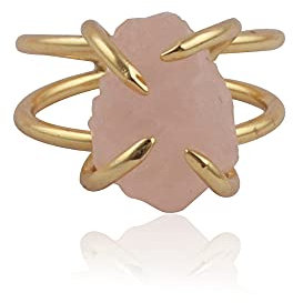 El Joyero Bague double bande faite à la main grenat rouge | Bijoux en pierre brute en laiton plaqué or | Bague réglable en pierre précieuse | 1730 1F, adjustable, Laiton, Quartz rose