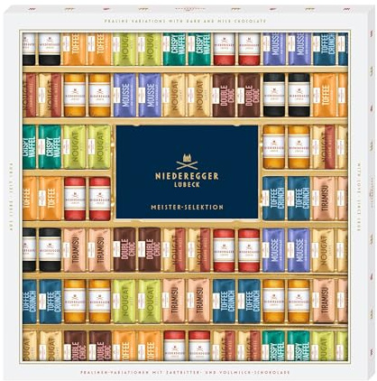 Niederegger | Meister-Selektion | 1x 1.075g | Enthält Auswahl beliebter Marzipan-, Nougat- & Pralinen-Kreationen | Umhüllt von Zartbitter- & Vollmilchschokolade | Pralinengeschenk
