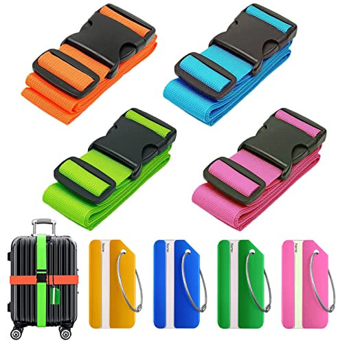 Koffergurt 4 stück Kofferband, KAMHBE Gepäckgurt Luggage Strap mit 4 Stück Kofferanhänger für Reisezubehör (4er-Pack – 4 Farben)