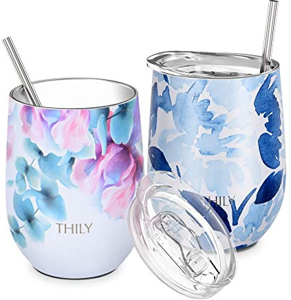 THILY Vacuum Insulated Stemless Wine Tumbler 12 oz Stainless Steel Wine Glass with Lid and Straw, Keep Drinks Cold or Hot, Christmas Birthday Gift, 2 Pack(Pink Lilies + Blue Maple)