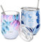 THILY Vakuumisolierter Weinbecher ohne Stiel 12 oz Weinglas aus Edelstahl mit Deckel und Strohhalm, hält Getränke kalt oder heiß, Weihnachtsgeburtstagsgeschenk, 2er-Pack (Rosa Lilien + Blauer Ahorn)