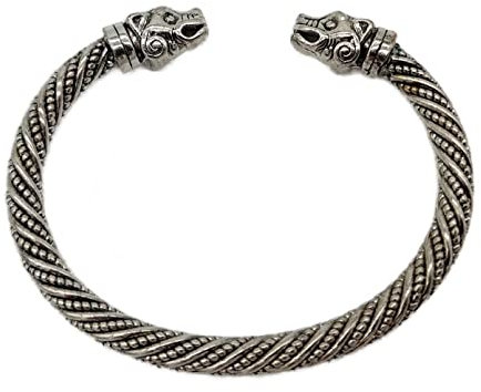 Vikings Wikinger Armreif Wolf Köpfe Metall Farbe Antik Silber mit Schmuckbeutel