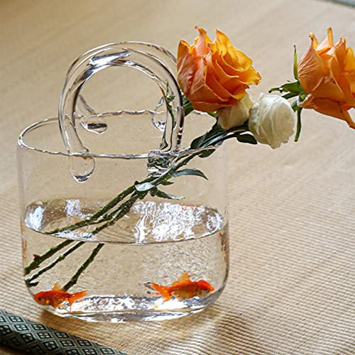 Flueyer Vase de sac à main pour fleurs, vase unique en verre avec bulles et poignées, vase à fleurs transparent pour centres de table, décoration de maison de mariage