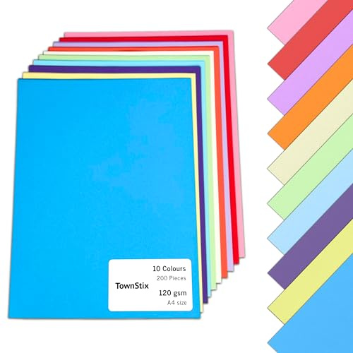 200 Blatt, 120g - Tonpapier A4 Bunt, Bastelpapier Buntes Papier zum Basteln Farbiges Druckerpapier - 10 Farben