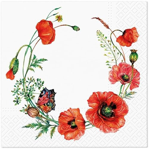 20 Servietten Blumen, Garten & Natur Mohnblumen im Kranz als Tischdeko. Papierservietten mit Motiv. Auch für Decoupage und Serviettentechnik 33x33cm