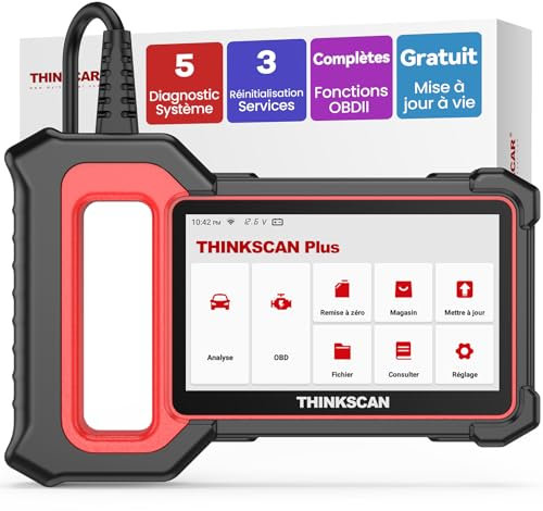 Valise Diagnostic Auto, ThinkScan Plus S4 OBD2 Diagnostic Français avec Moteur/TCM/ABS/SRS/BCM, avec 28 Services de Réinitialisation (Choisissez-en 3 Gratuitement), Mise à Jour Gratuite à Vie