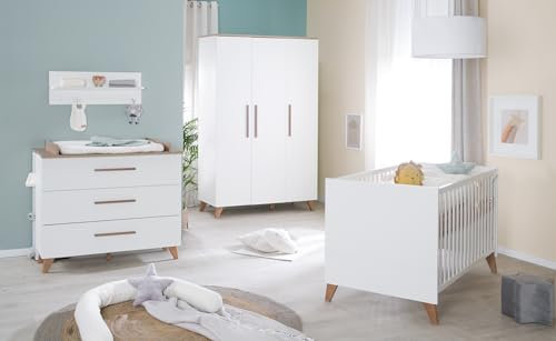 roba Babymöbel Set 2-teilig Ole - Kinderbett 70 x 140 cm umbaubar + Wickelkommode mit 3 Schubladen - Griffe & Füße aus Massivholz - Weiß/Dunkle Eiche