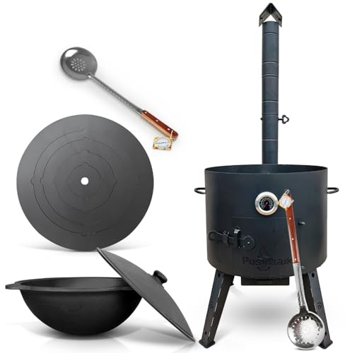 Uzbekisch Feuerofen Ø 49cm Set + Gusseisen Kazan 22L Ø52,7cm Runder Boden + Herdplatten-Adapterring Ø53cm – Plov Kasan Feuerstelle Thermometer Abzugsrohr Kasan Wok Schaumlöffel