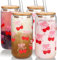 Mason Life Vasos de vidrio con diseño de lazos de cerezas con tapas y popotes, 2 tazas de café helado de 18 onzas, bonito vaso de coqueta, cosas preparadas rosas para adolescentes, regalo de