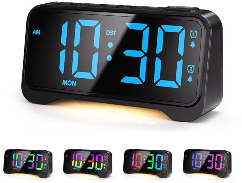 Wecker Digital mit Großen Zahlen, Wecker für Tiefschläfer, RGB-Uhr für den Nachttisch, Doppelter Wecker und Wochenendmodus, Farbenfroh LED Anzeige, Dimmbare Helligkeit und töne, Batterie-Backup