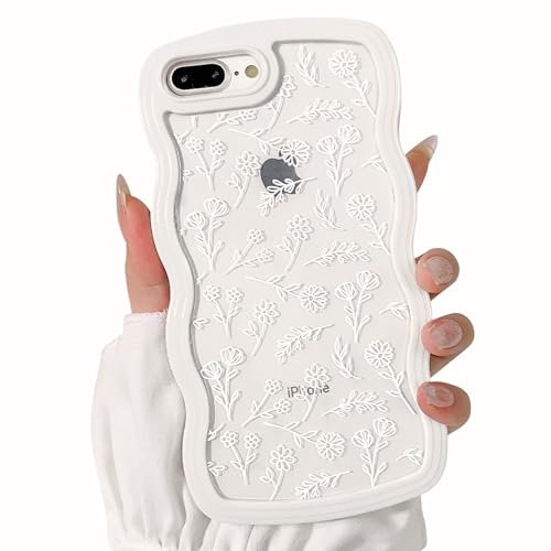 NITITOP Compatible for iPhone 7 Plus/iPhone 8 Plus Case Cute Clear Flower Floral Leave Curly Blue Wave Frame Shape Wavy Shockproof Soft TPU 2 in 1 Protective Phone Cover for Women Girl - White