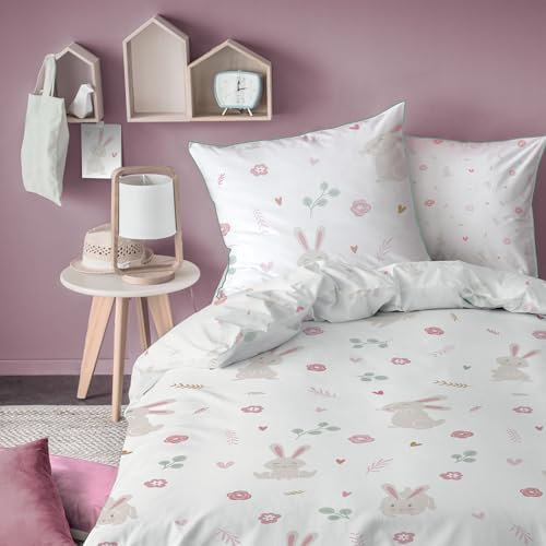 MATT & ROSE Petit Lapin Parure de lit Enfant | 100% Coton | Oeko-TEX | Housse de Couette 140x200cm + Taie d'oreiller 63x63cm | Imprimé Fille | Blanc