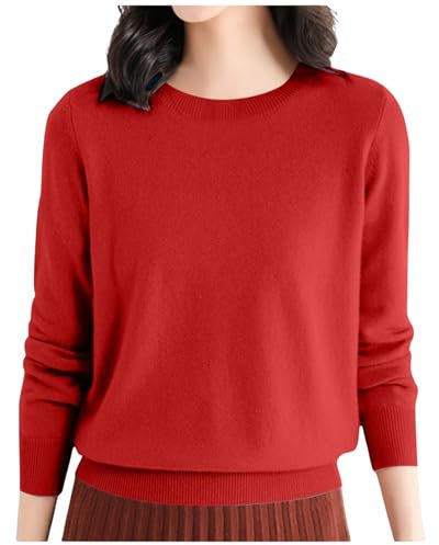 Pull Femme Automne Hiver Chaud Chic et Élégant Pull Fin Femme Manche Longue Col Rond Demi Saison Pullover Femme Tricoté Basic Doux Chandail Femme Leger Simple Uni Vintage (03#Rouge, L)