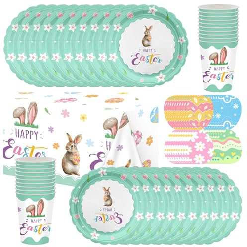 Vajilla de fiesta temática de conejito de Pascua, 61 unidades, vajilla de fiesta temática de Pascua, vajilla con platos de papel, tazas, servilletas y manteles para fiesta de cumpleaños para 20 niños