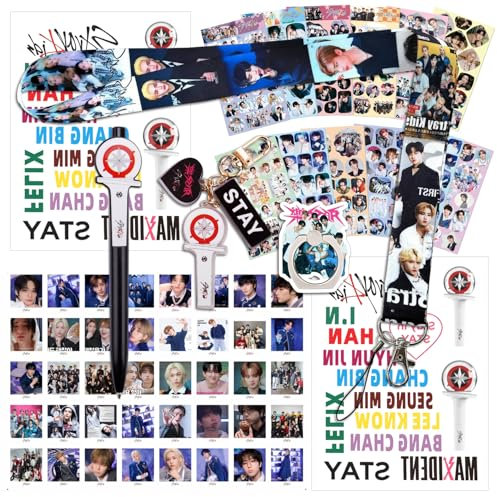 Stray Fanartikel Set für STAY, Stray Merch mit 40 SKZ Photocards, 1 Schlüsselanhänger, 1 Handy Ring, 1 Kugelschreiber, 2 Temporäre Tattoos, 12 Aufkleber