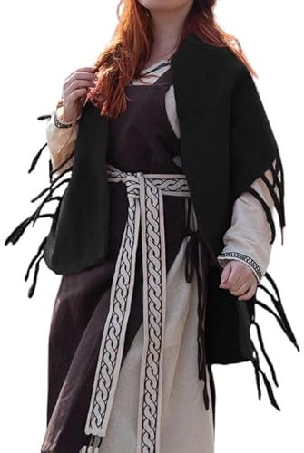 LEONARDO CARBONE® Damen Umhang Wollfilzstola Ruth | Filigrane Fransen | Wikinger Inspiration | Karneval, Halloween, Cosplay, LARP, Cape, Stola, Mittelalter, Wikinger | 100% Wolle Schwarz Einheitsgröße