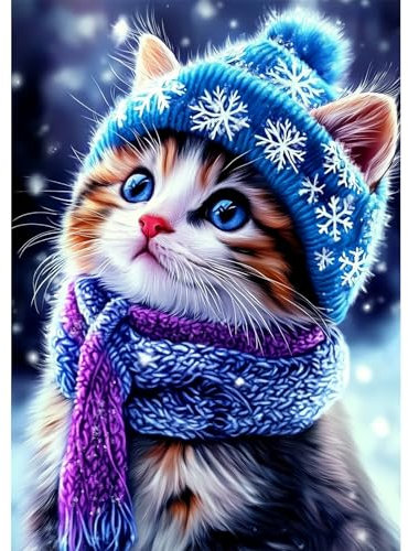 NEWENMO Bricolage Mignon Chaton Diamond Painting Set,5D Chat d'Hiver Peinture Diamant pour Adulte,DIY Diamond Art Kits,Animal Diamant Painting Kit,pour Adulte Débutant Murale Décoration (30x40cm)