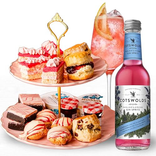 Patisserie Valerie Pink Gin Gift Hamper – Luxury Afternoon Tea Hamper For 2 with Cotswolds Wildflower Spritz, Brownies, Scones, Profiteroles & Clotted Cream Treats