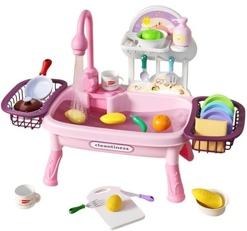 Play Sink with Running Water For Toddlers,Pretend Kitchen Toys for Kids with Tableware Accessories,Vegetable,Fruit,Pretend Role Dishwasher,Gifts for Boys Girls(Pink)