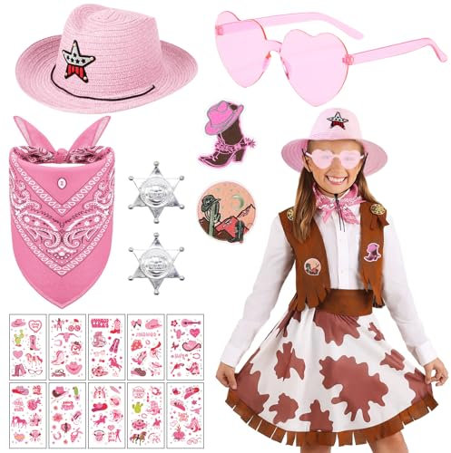 17 Stück Cowboy Kostüm für Kinder, West Cowboy Kostüm Zubehör Set mit Westernhut Paisley-Bandana Sheriff-Abzeichen Herz-Sonnenbrille Cowboy-Patches Tattoos für Jungen Mädchen Halloween Cosplay