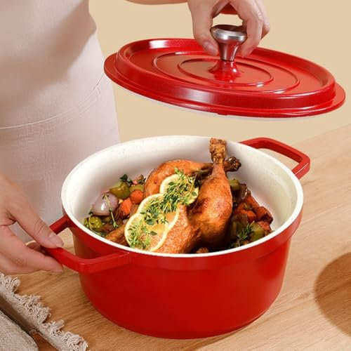 CWOQOCW Schmortopf aus emailliertem Gusseisen, 20 cm/24 cm, Topf mit funktionalem Deckel für alle Herdarten geeignet, Topfkörper aus Gusseisen, Suppentopf zum Kochen zu Hause (rot 20 cm)
