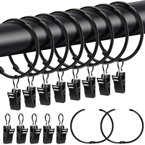 Caianwin 20 Stück Gardinenringe mit Clips, Schwarz Vorhangringe zum öffnen | Metall, 50mm Innendurchmesser, Gardinenringe Haken für Stange, Duschvorhang