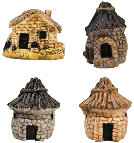 SOFPLATE 4 Stück Miniatur Fee Garten Winzige Harzhäuser Mini Cottage DIY Mikrolandschaft Feengarten Ornament Dorfhüttenfiguren Für Bonsai Blumenntopf Terrasse Outdoor Dekoration