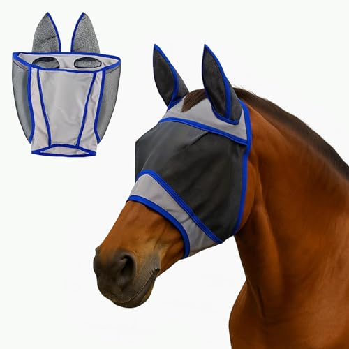 Colenumone Horse Fly Mask mit Ohren, halbes Gesicht - atmungsaktives blockierendes Mesh, weiche Anti-Reibung (Blau,S)