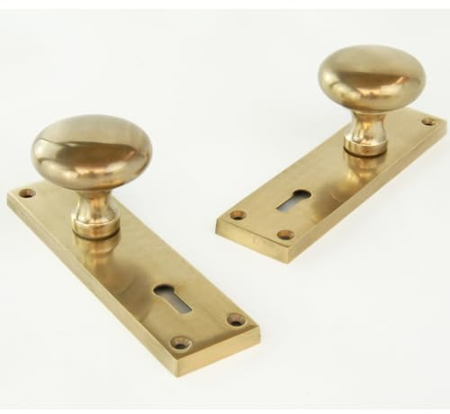 Aged Unlacquered Solid Brass New York Round Door Knobs Handles on Lock Backplate