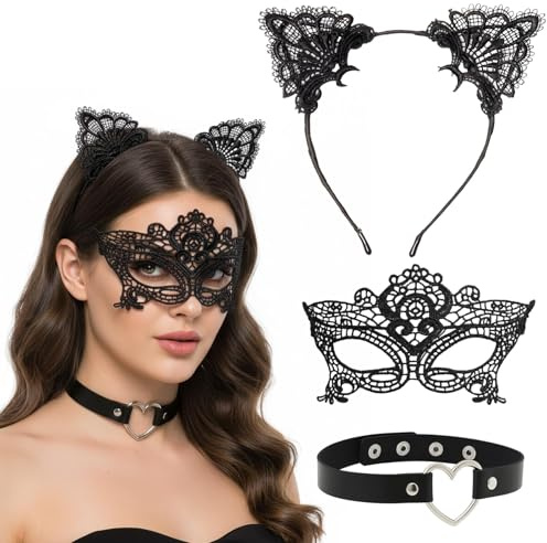 ZocRjvN Dreiteiliges Catwoman Kostüm Damen, Elegante Maske Maskenball Frau, Schwarze Catwoman Maske und Halskette für Kostümpartys, Vielseitiges Katzenkostüm für Damen, Cat Ears