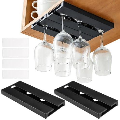 2 Stück Selbstklebend Weinglashalter, 25,8x11cm Gläserhalter Regal Hängend | Kunststoff Weingläser Halterung, Wine Glass Holder, Kein Bohren, Weinglasregal für Küche, Bar, Restaurant, Hotel, Schwarz