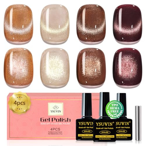 Yueshop Brown Gel Nail Polish Cat Eye, 4 Colors Winter Cat Eye Gel Polish | HEMA FREE TPO FREE, Champagne Coffee Brown Burgundy Red Magnetic Gel Nail Varnish Soak off UV LED, Long-Lasting, 8ml