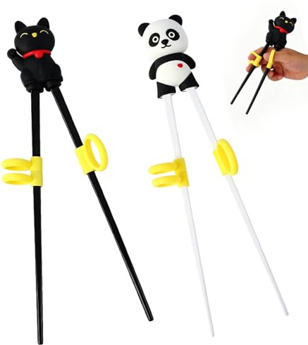 2Pcs Training Chopsticks Set,Panda Lucky Cat Beginner Chopsticks with Ring | Reusable Non-Slip Beginner Chopsticks,Easy To Hold Without Slipping Suitable For Beginners,Heat-Resistant Training Chopsticks