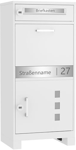 TIMELESS PIECES Paketbriefkasten Metall mit Zahlenschloss personalisiert | Paketbox Weiß lasergraviertes Namensschild und Hausnummernschild, Briefkasten mit Paketfach, Paketkasten,Postbox XXL Stahl