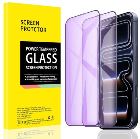【2 Pack】Tempered Glass Film Anti-Blue Light Screen Protector for iPhone 17 Pro/17/16 Pro, Anti-Glare, 9H, HD, Eye Protection, Scratch Resistant Surface, No Bubbles, Easy Installation, Anti Fingerprint