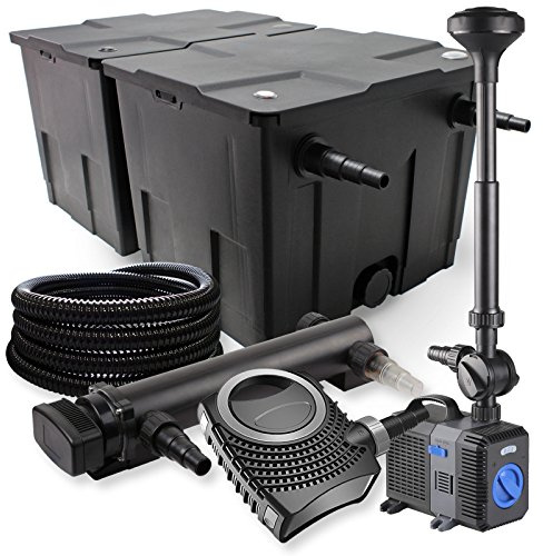 SunSun Komplettset: CBF-350B Teichfilter bis 60000 L Teichfilteranlage, NEO10000 Teichpumpe 10000l/h 80W, CUV-336 Teichklärer 36W, 25m Teichschlauch 25 mm, CTP-5003 Springbrunnen 5000l/h 30W