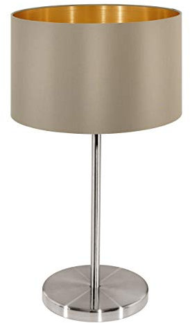 EGLO Tischlampe Maserlo, 1 flammige Textil Tischleuchte, Nachttischlampe aus Metall in Silber und Stoff in Taupe, gold, E27 Fassung, inkl. Schalter