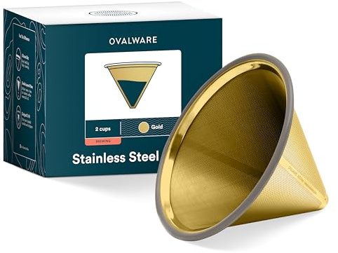 Paperless Stainless Steel Pour Over Coffee Filter – Reusable and Permanent Coffee Cone Dripper Four Ovalware, Chemex and Other Carafes (Titanium Gold)