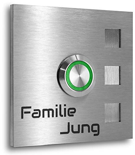 Jung Edelstahl Design - Edelstahl Türklingel Köln Aufputz oder Unterputz - 7 X 7 cm mit LED Drucktaster - Klingel aus V2A Edelstahl geschliffen - Haustürklingel (LED grün)