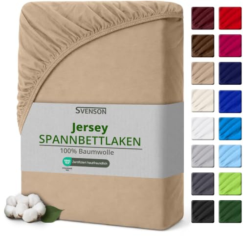 Svenson Jersey-Spannbettlaken – 100% Baumwolle, elastisch, bis 35 cm, geeignet für Boxspring- und Wasserbetten, weich und bequem, 200x220, Sand/Beige