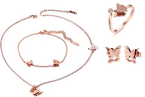 Cupimatch [4 Pezzi di Combinazioni Collana Bracciale Orecchini Anello Farfalla Acciaio Inossidabile Donna Oro Rosa Regalo Perfetto (4 Set)