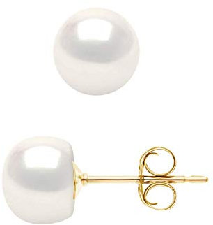 PEARLS & COLORS ® - Boucles d'Oreilles Véritables Perles de Culture d'Eau Douce Boutons - Blanc Naturel - Qualité AAA+ - Or Jaune - Système Poussette Haute Qualité - Bijou Femme