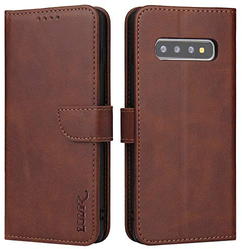 LOLFZ Handyhülle für Samsung Galaxy S10E, Premium Dünne Schutzhülle mit Kartenfach Standfunktion Magnetische Klapphülle PU Leder Stoßfest Handytasche für Galaxy S10E - Kaffee Braun