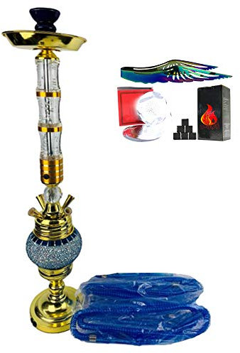 Juego Completo de Cachimba Cristal Hookah con 4 Mangueras Y 1 Tazón Kit de Inicio de Hookah Viene con Clip de Carbón Y Lámina de Aislamiento Térmico Gratis Tubo Individual,Azul