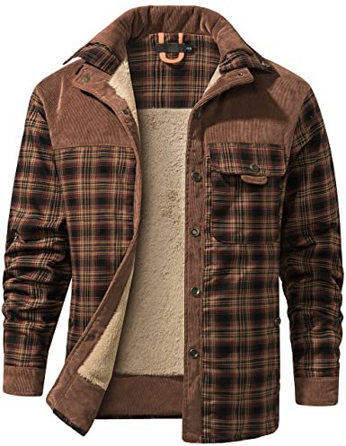 Flygo Herren Flanelljacke Loose Plaid Sherpa Gefüttert Flanellhemd Druckknopf Warme Winterjacken Taschen, Rotkaffee, XL