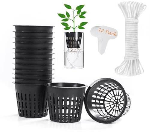 ORIMERC 12 STK 3inch(8cm) Netztöpfe Hydroponik Net Pot mit 12 Feet Selbstbewässerungsdocht & 12 STK Pflanzenetiketten Hydroponischer Becher Mesh Cup Topf Gemüse Orchidee Aquaponik Kratky Hydrokultur