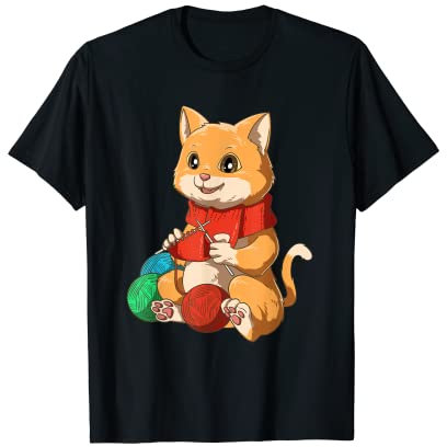 Kätzchen strickt einen Schal für Stricker Strickmuster T-Shirt