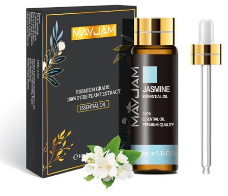 MAYJAM Jasmine Essential Oil 10ML - Pure, Undiluted - Premium Quality Essential Oils with Glass Dropper - for Diffuser and DIY Candle Making