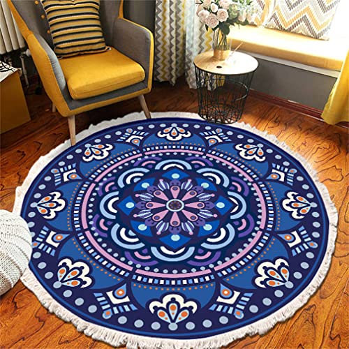 Tomifine Mandala Rund Teppich Quasten, Böhmen Handgewebte Baumwolle Teppiche für Schlafzimmer Wohnzimmer Hausdekor (150 cm,Dunkelblau)